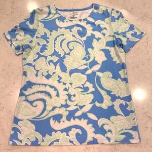 The Talbots Tee Petite Medium Paisley Print Cotton Blend Mint Cornflower Blue
